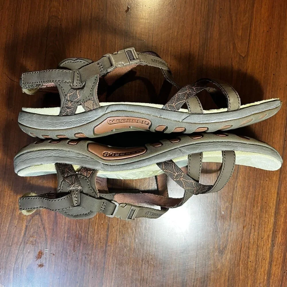 Merrell Sandals Women 10 Jacardia Dark Earth Strappy Leather Hiking Trail J57606